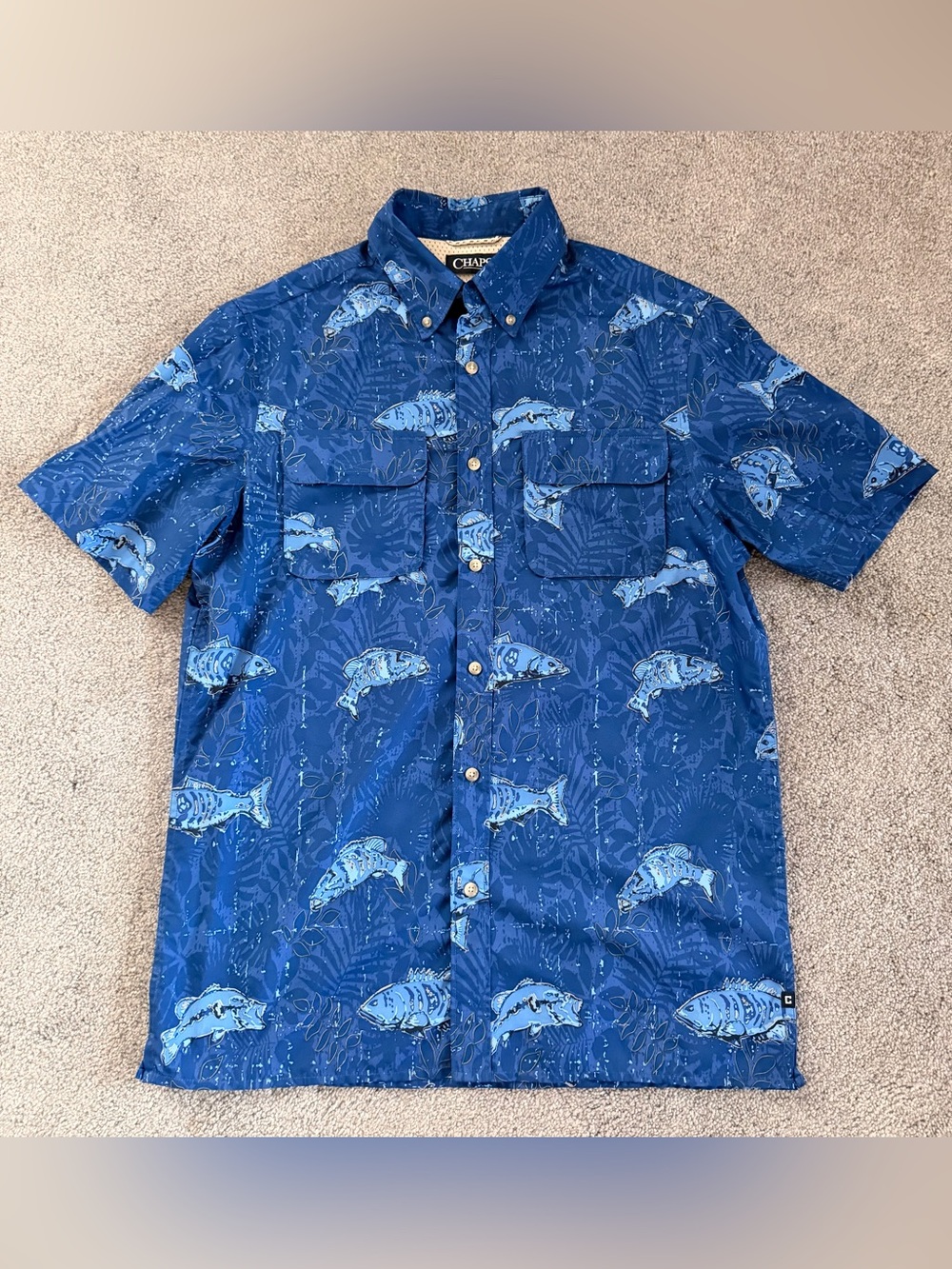 CHAPS Men’s Fishing Shirt Blue Fish Print Button Up Size Small